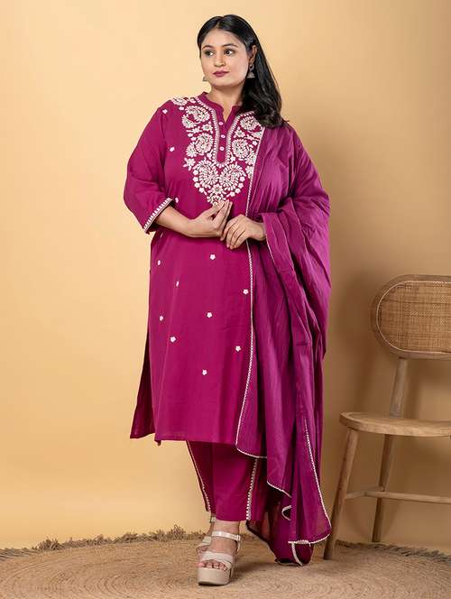 women plus size three quarter sleeve kurta pant with dupatta set - 21963105 - Very Small Image - 1