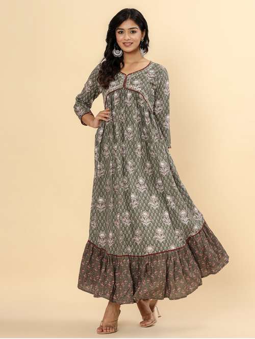 women printed three quarter sleeve ethnic dress - 21963335 - Very Small Image - 1