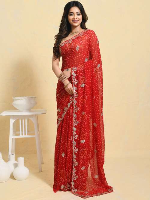 women bandhani printed embroidered saree with blouse - 21965627 - Very Small Image - 1
