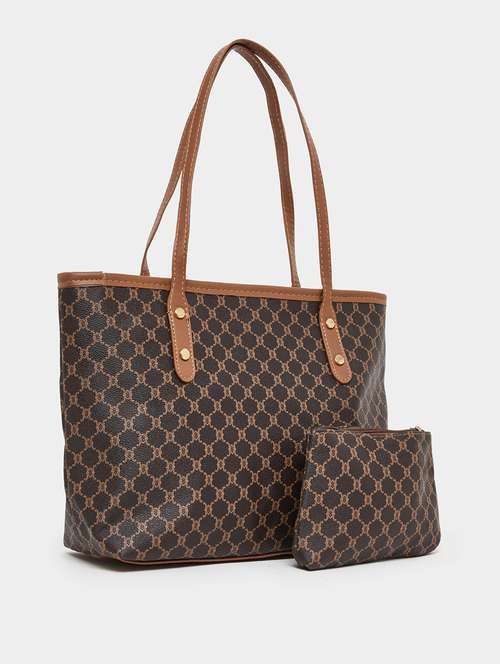 women printed brown tote bag with pouch - 21971457 - Very Small Image - 1