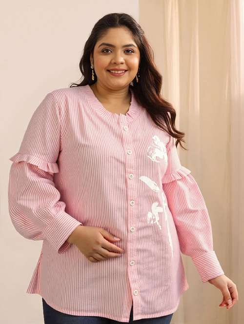 women plus size pink striped long sleeve shirt - 21972193 - Very Small Image - 1