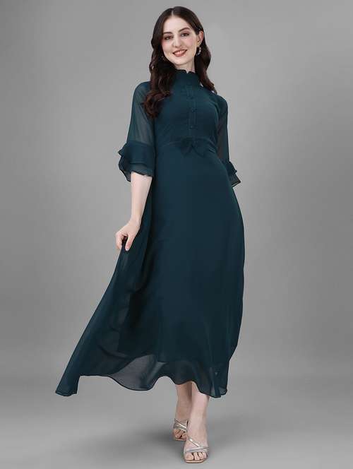 women solid mandarin neck fit & flare dress - 21972606 - Very Small Image - 1