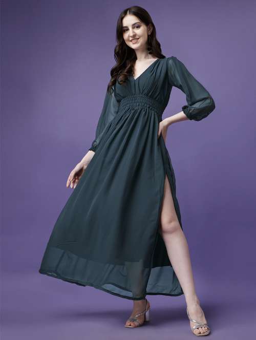 women solid puff sleeve fit & flare maxi dress - 21972626 - Very Small Image - 1