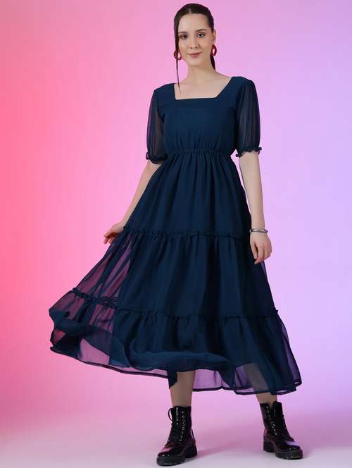 women solid puff sleeve tiered maxi dress - 21972872 - Very Small Image - 1