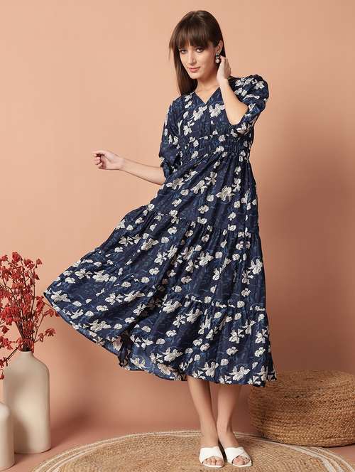 women printed puff sleeve tiered midi dress - 21972902 - Very Small Image - 1