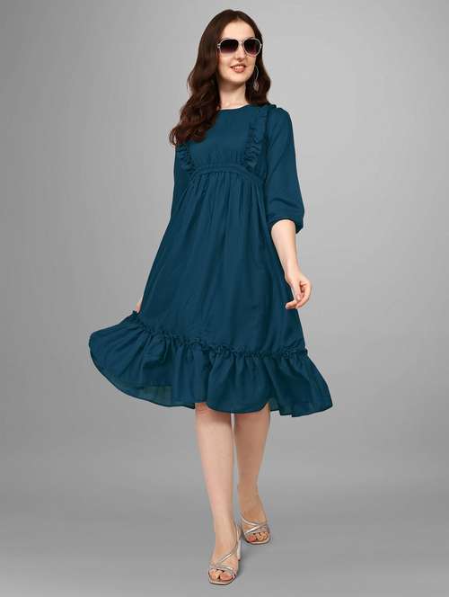 women solid three quarter sleeve tiered dress - 21975308 - Very Small Image - 1