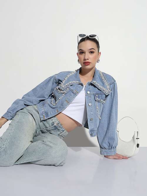 women embellished long sleeve crop denim jacket - 21979848 - Very Small Image - 1