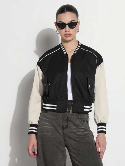 women color blocked long sleeve crop varsity jacket - 21979853 - Very Small Image - 1