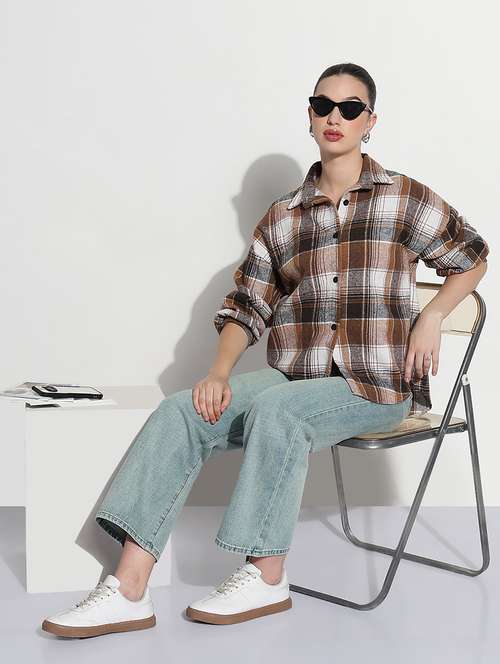 women checkered long sleeve collared oversized shirt - 21979943 - Very Small Image - 1