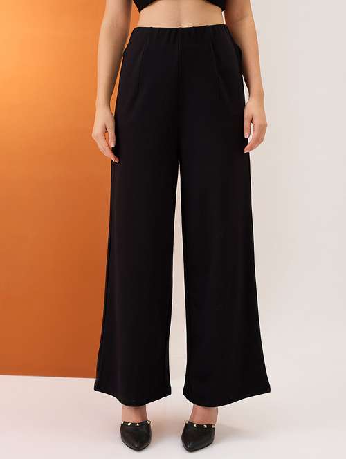 women black solid mid-rise relaxed fit formal wide leg trousers - 21980222 - Very Small Image - 1