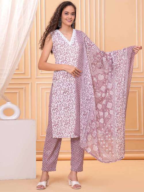 women printed sleeveless kurta and pant with dupatta set - 21981573 - Very Small Image - 1