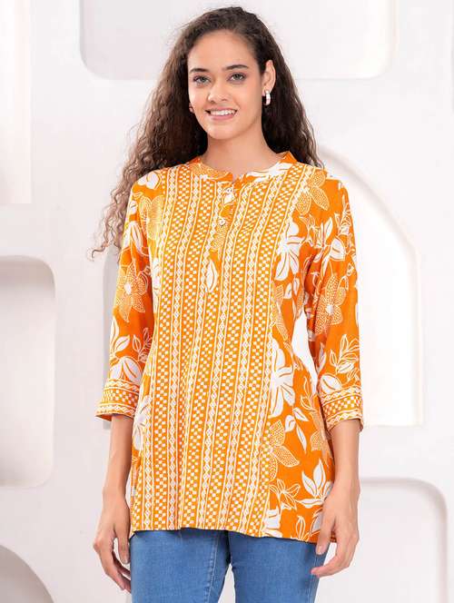 women orange printed  round neck a-line kurti - 21981613 - Very Small Image - 1
