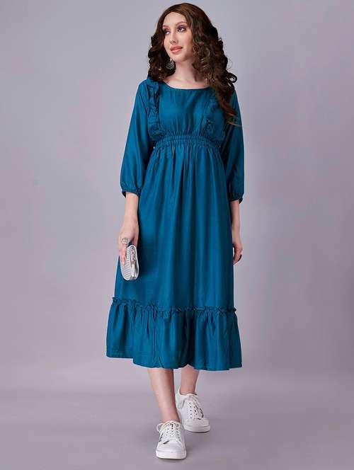 women solid puff sleeve tiered dress - 21982102 - Very Small Image - 1