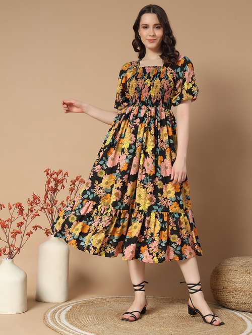 women printed puff sleeve tiered dress - 21982129 - Very Small Image - 1