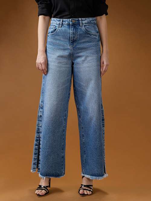 globus women mid blue cotton high-rise light fade frayed hem wide leg denim jeans - 21994529 - Very Small Image - 1