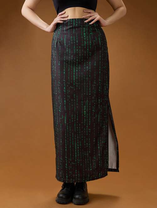 globus women black & green digital print mid-rise side slit straight mdi skirt - 21994538 - Very Small Image - 1