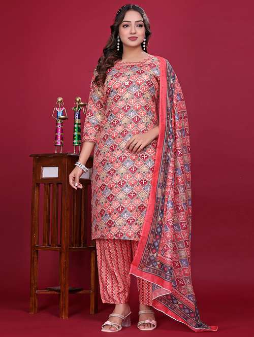 women printed three quarter sleeve kurta pant with dupatta set - 21998642 - Very Small Image - 1