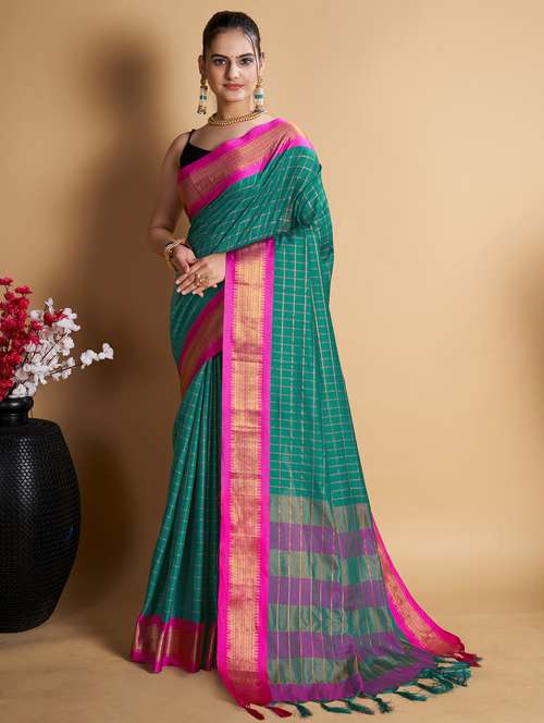 women checkered bordered saree with blouse - 22001340 - Very Small Image - 1
