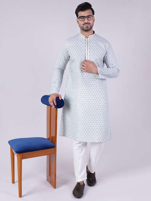 men printed mandarin neck kurta pyjama ethnic wear set - 22005481 - Very Small Image - 1