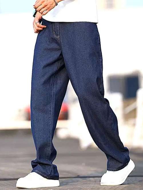 men blue plain mid rise baggy jeans - 22012461 - Very Small Image - 1