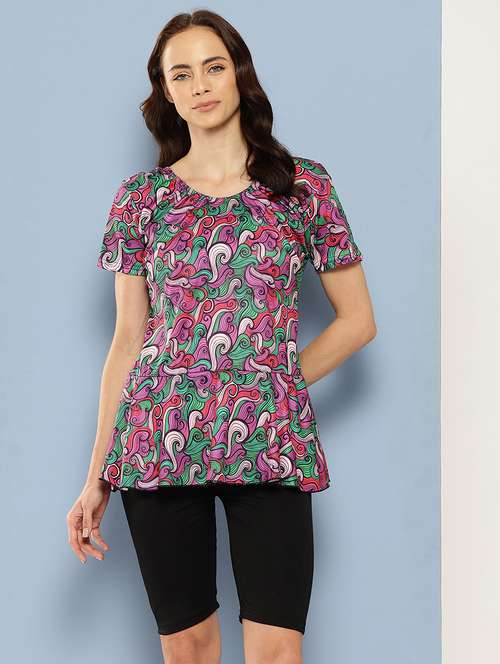 women printed round neck swimsuit with goggles - 22012815 - Very Small Image - 1