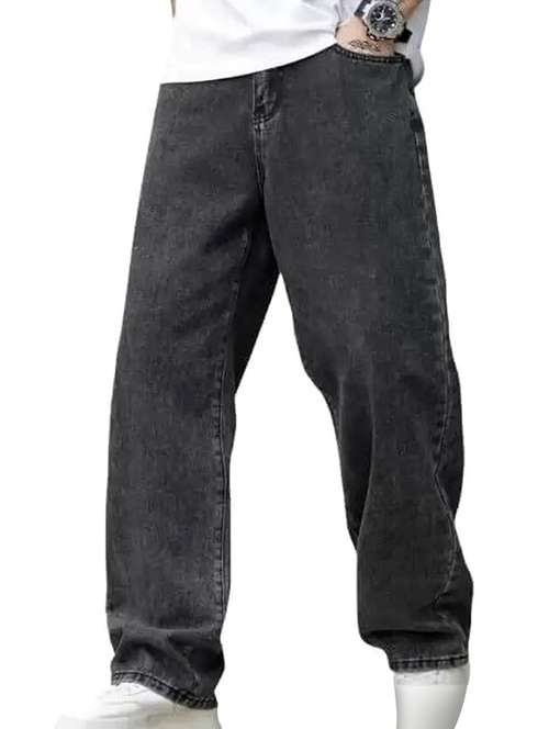 men grey plain mid rise baggy jeans - 22012917 - Very Small Image - 1