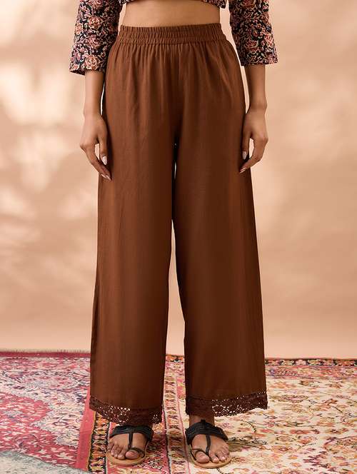 women brown solid high rise straight trouser - 22013372 - Very Small Image - 1