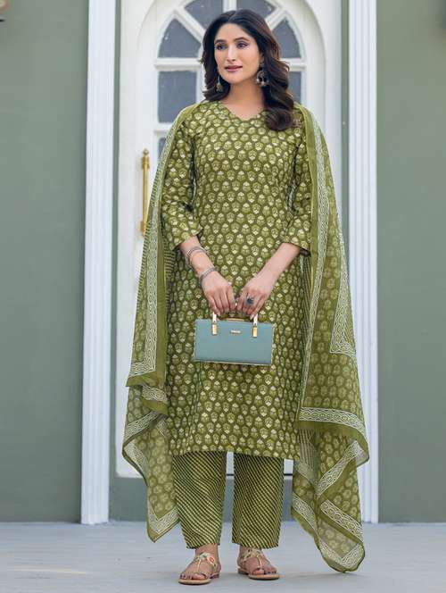 women printed three quarter sleeve kurta pant with dupatta set - 22014267 - Very Small Image - 1