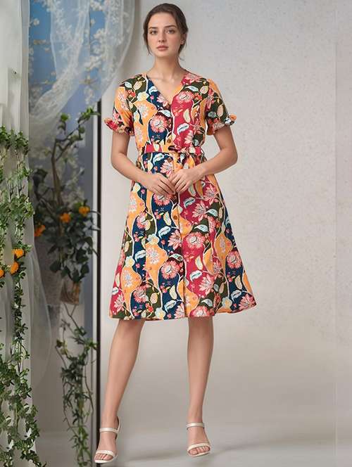 women printed puff sleeve a-line dress - 22017554 - Very Small Image - 1