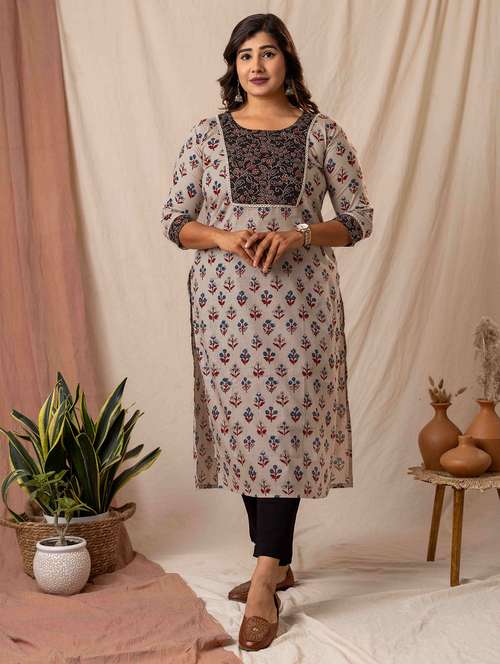 women printed three quarter sleeve straight kurta - 22020000 - Very Small Image - 1
