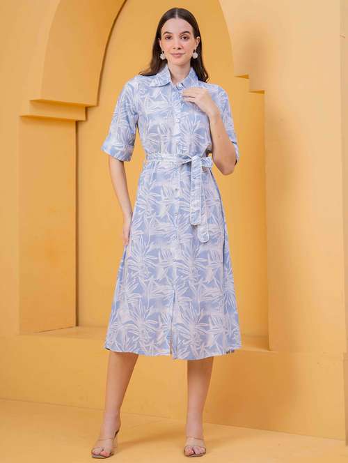 leaf print light blue rayon shirt dress - 22029077 - Very Small Image - 1