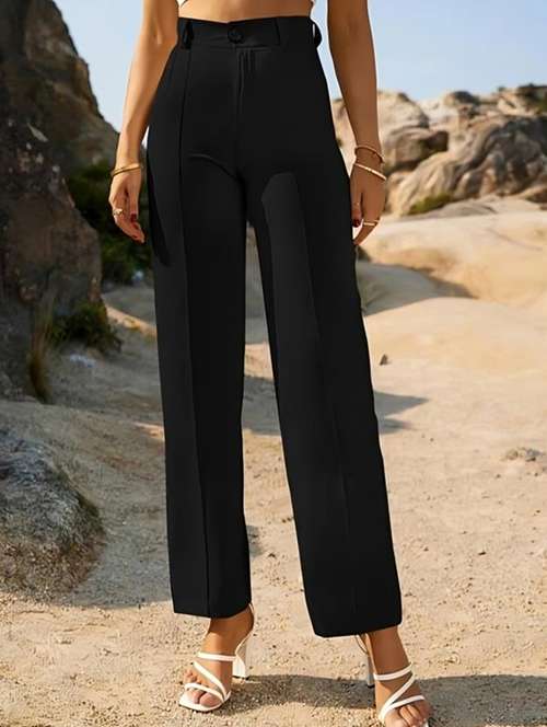 women solid high rise straight trouser - 22030545 - Very Small Image - 1