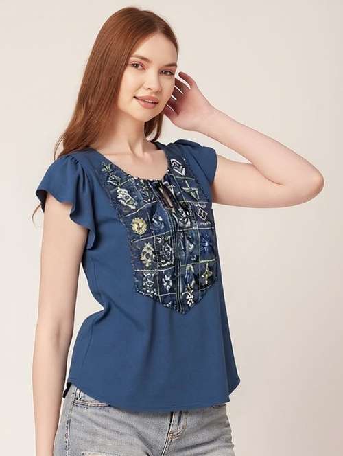 women solid with work tie up neck top - 22030709 - Very Small Image - 1
