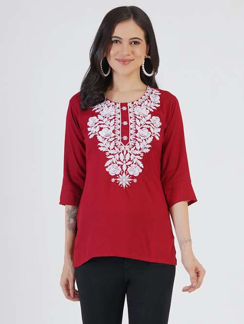 women chikankari three quarter sleeve straight kurti - 22030972 - Very Small Image - 1