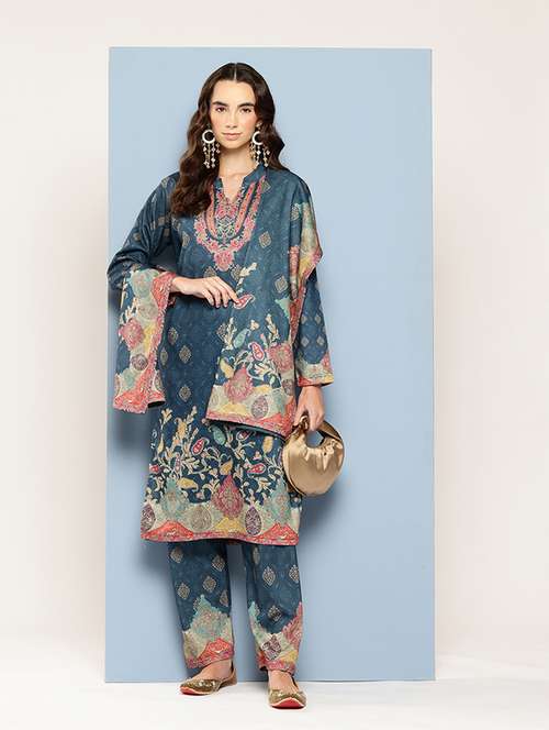 blue cotton blend kurta pant set ethnic suit - 22033758 - Very Small Image - 1