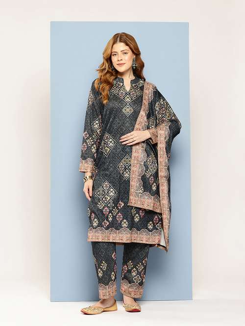 women self design long sleeve kurta pant with dupatta set - 22033760 - Very Small Image - 1