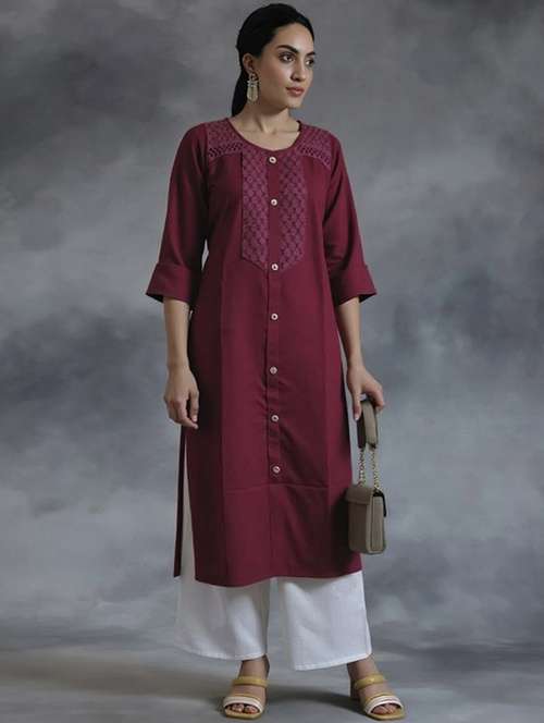 women solid three quarter sleeve straight kurta - 22035230 - Very Small Image - 1