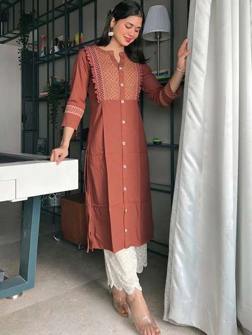 women solid three quarter sleeve straight kurta - 22035240 - Very Small Image - 1