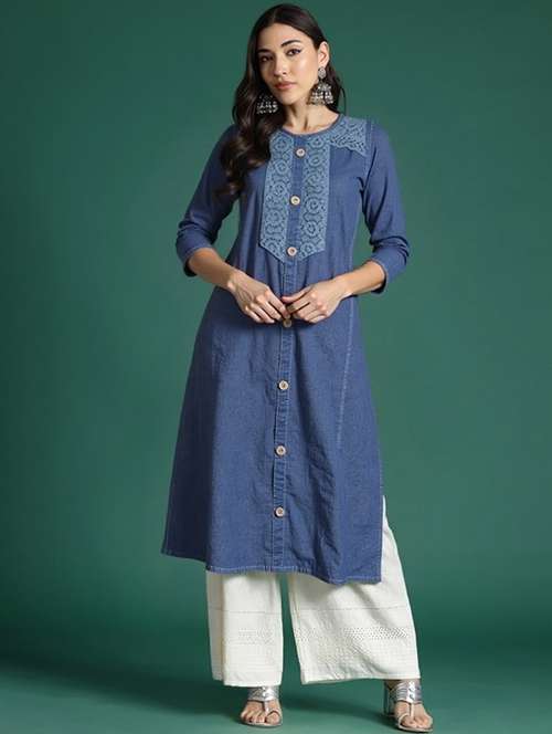 women solid three quarter sleeve straight kurta - 22035274 - Very Small Image - 1