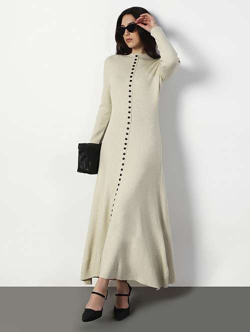 women cream solid long sleeve a-line dress - 22038243 - Very Small Image - 1