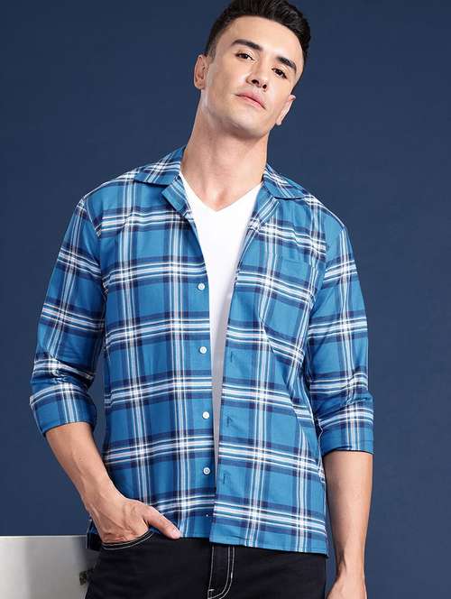 men checkered cuban collared long sleeve shirt - 22038999 - Very Small Image - 1