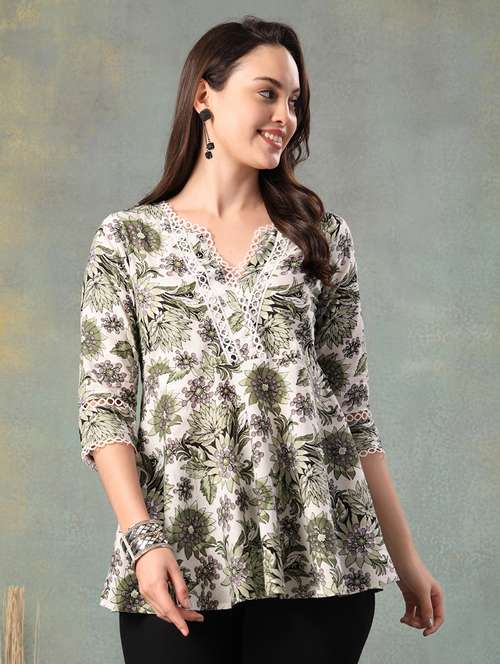 women printed three quarter sleeve flared top - 22041013 - Very Small Image - 1