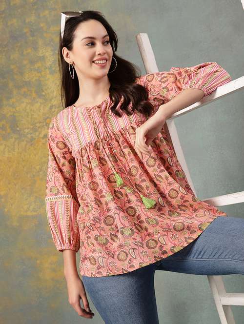 women printed tie up neck a-line top - 22041015 - Very Small Image - 1