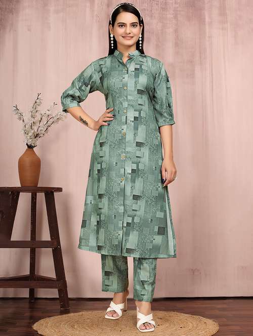 women printed three quarter sleeve kurta and pant set - 22042205 - Very Small Image - 1