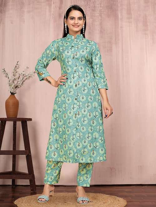 women printed three quarter sleeve kurta and pant set - 22042208 - Very Small Image - 1