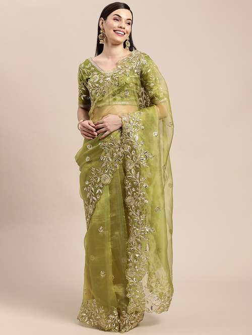women solid with work embroidered saree with blouse - 22047902 - Very Small Image - 1