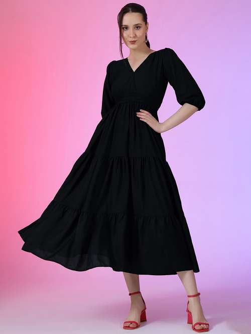 women solid puff sleeve tiered dress - 22051859 - Very Small Image - 1