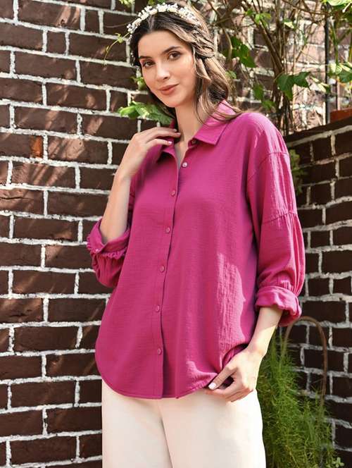 women solid collared long sleeve relaxed fit shirt - 22055138 - Very Small Image - 1