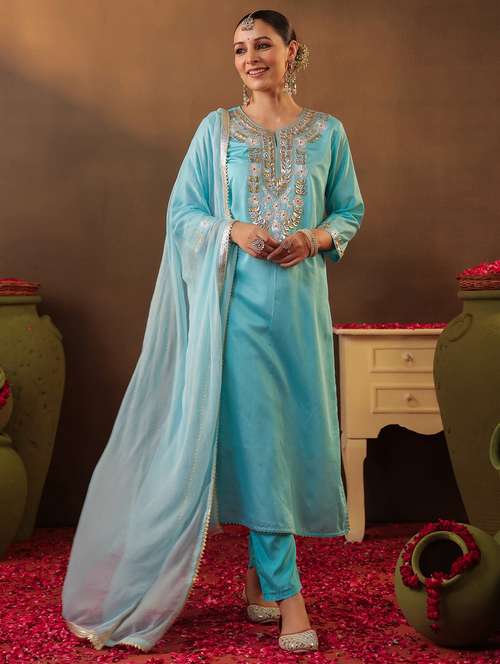 light blue silk kurta pant  set - 22062093 - Very Small Image - 1