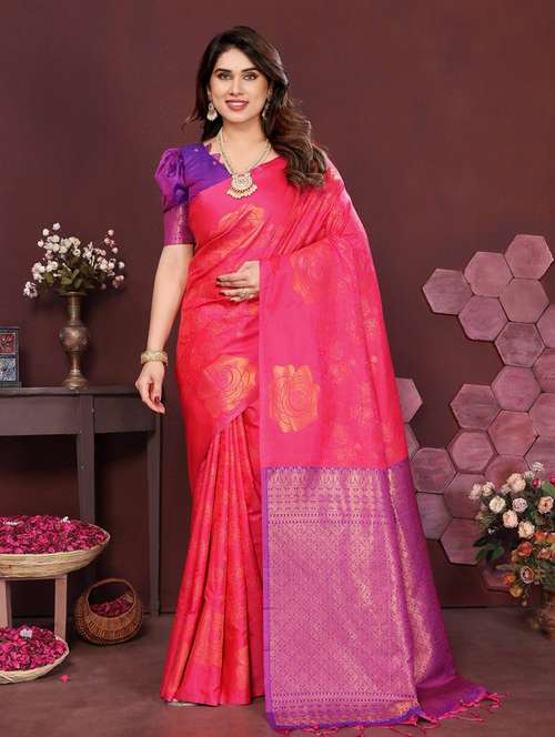 red silk banarasi saree with blouse - 22063840 - Very Small Image - 1